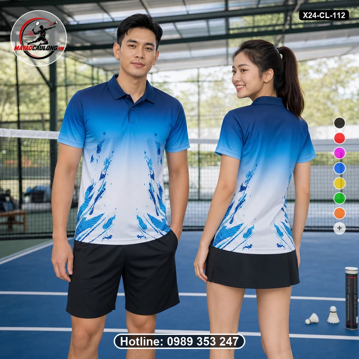Áo cầu lông đặt may X24-CL-112 xanh navy, xanh dương, xanh cyan, trắng áo có cổ, tay ngắn - ảnh sản phẩm 1