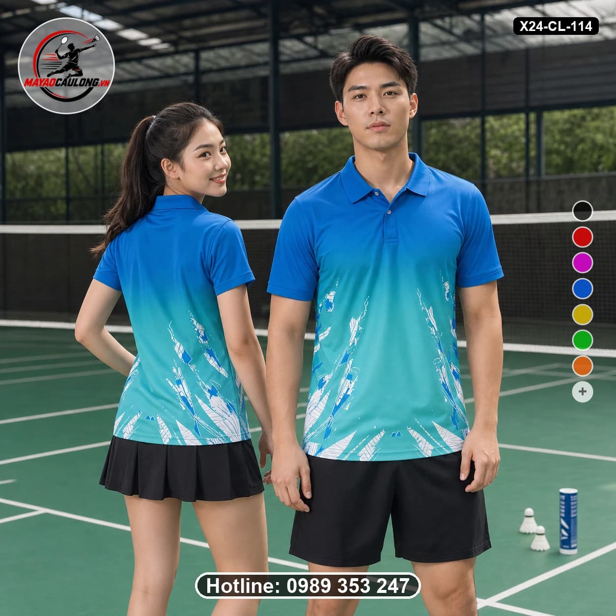 Áo cầu lông đặt may X24-CL-114 xanh dương, xanh teal, xanh aqua, trắng áo có cổ, tay ngắn - ảnh sản phẩm 1