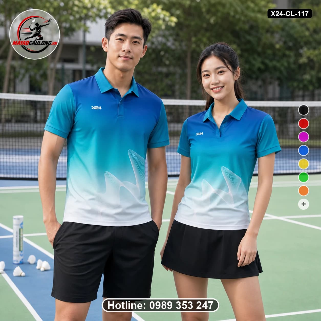 Áo cầu lông đặt may X24-CL-117 xanh dương đậm, xanh teal, xanh cyan, trắng áo có cổ, tay ngắn - ảnh sản phẩm 1
