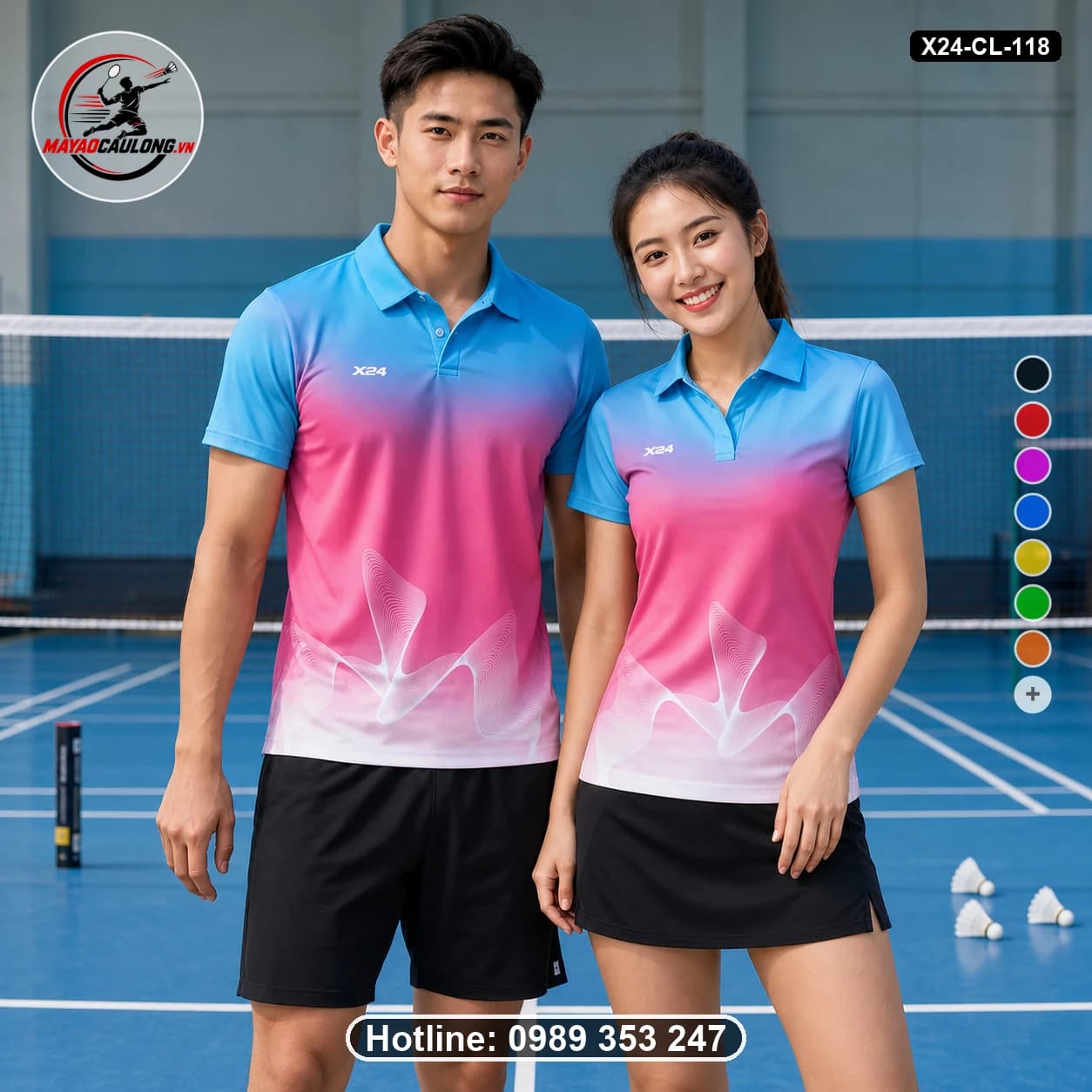 Áo cầu lông đặt may X24-CL-118 xanh cyan, hồng magenta, xanh tím nhạt, trắng áo có cổ, tay ngắn - ảnh sản phẩm 1