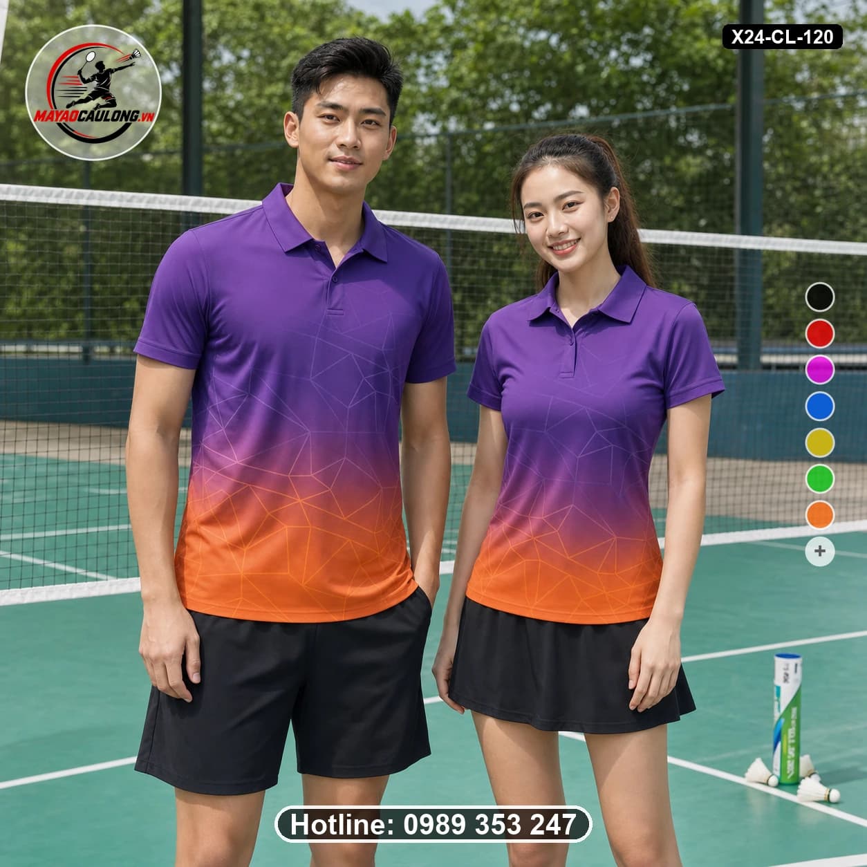 Áo cầu lông đặt may X24-CL-120 tím đậm, tím violet, cam áo có cổ, tay ngắn - ảnh sản phẩm 1