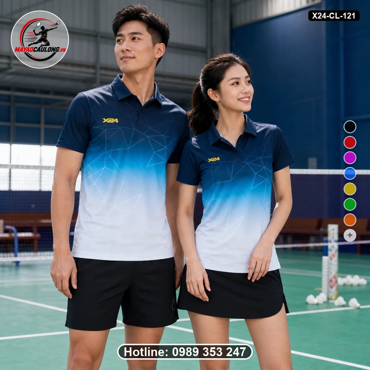 Áo cầu lông đặt may X24-CL-121 xanh navy đậm, xanh cyan, xanh da trời, trắng áo có cổ, tay ngắn - ảnh sản phẩm 1