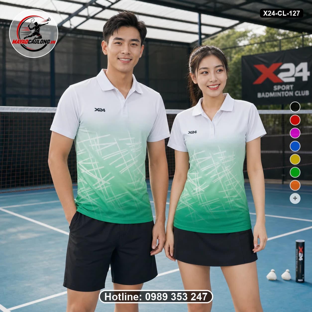 Áo cầu lông đặt may X24-CL-127 trắng, xanh mint, xanh ve chai áo có cổ, tay ngắn - ảnh sản phẩm 1