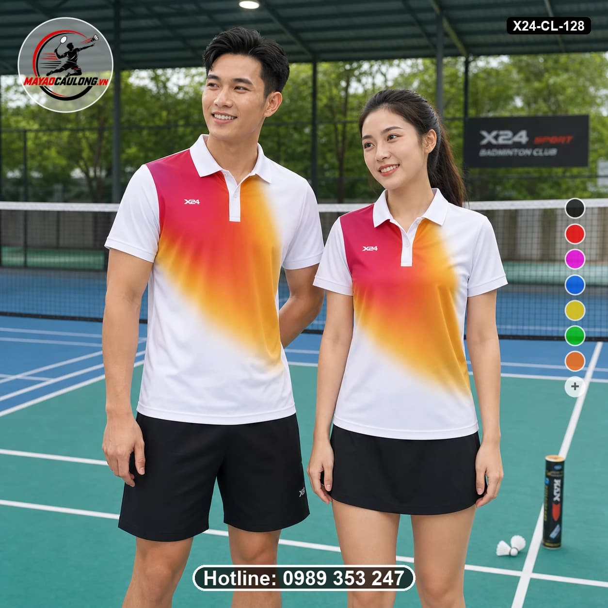 Áo cầu lông đặt may X24-CL-128 trắng, hồng magenta, cam, vàng áo có cổ, tay ngắn - ảnh sản phẩm 1