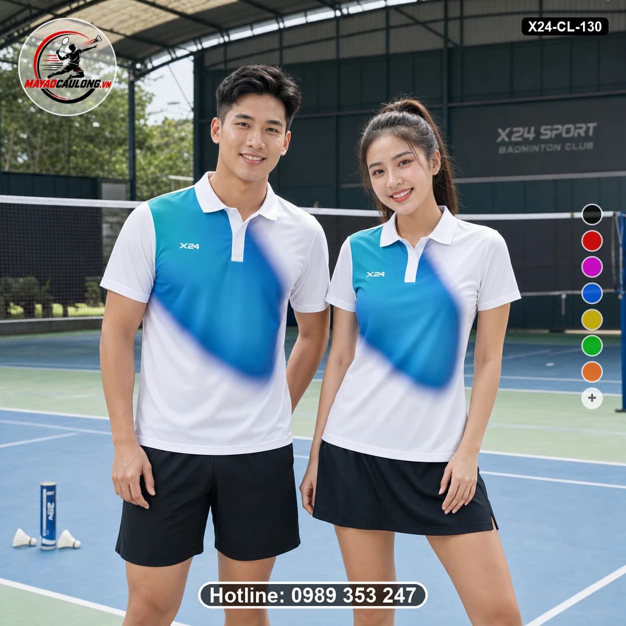 Áo cầu lông đặt may X24-CL-130 trắng, xanh bích, xanh cyan, xanh dương áo có cổ, tay ngắn - ảnh sản phẩm 1