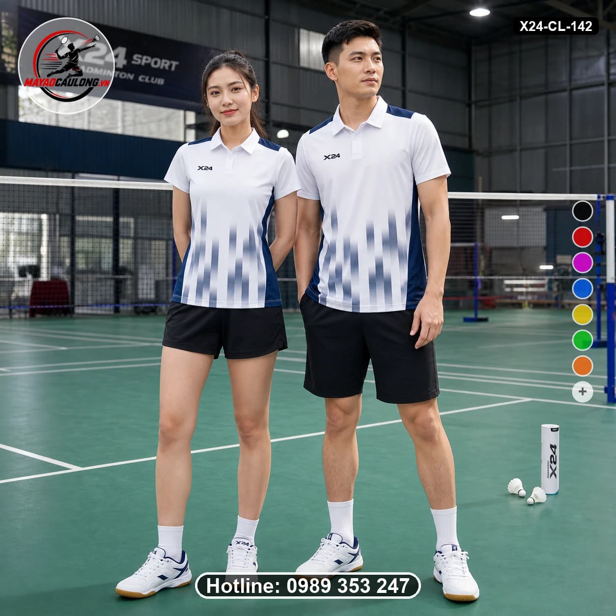 Áo cầu lông đặt may X24-CL-142 trắng, xanh navy, xám áo có cổ, tay ngắn - ảnh sản phẩm 1