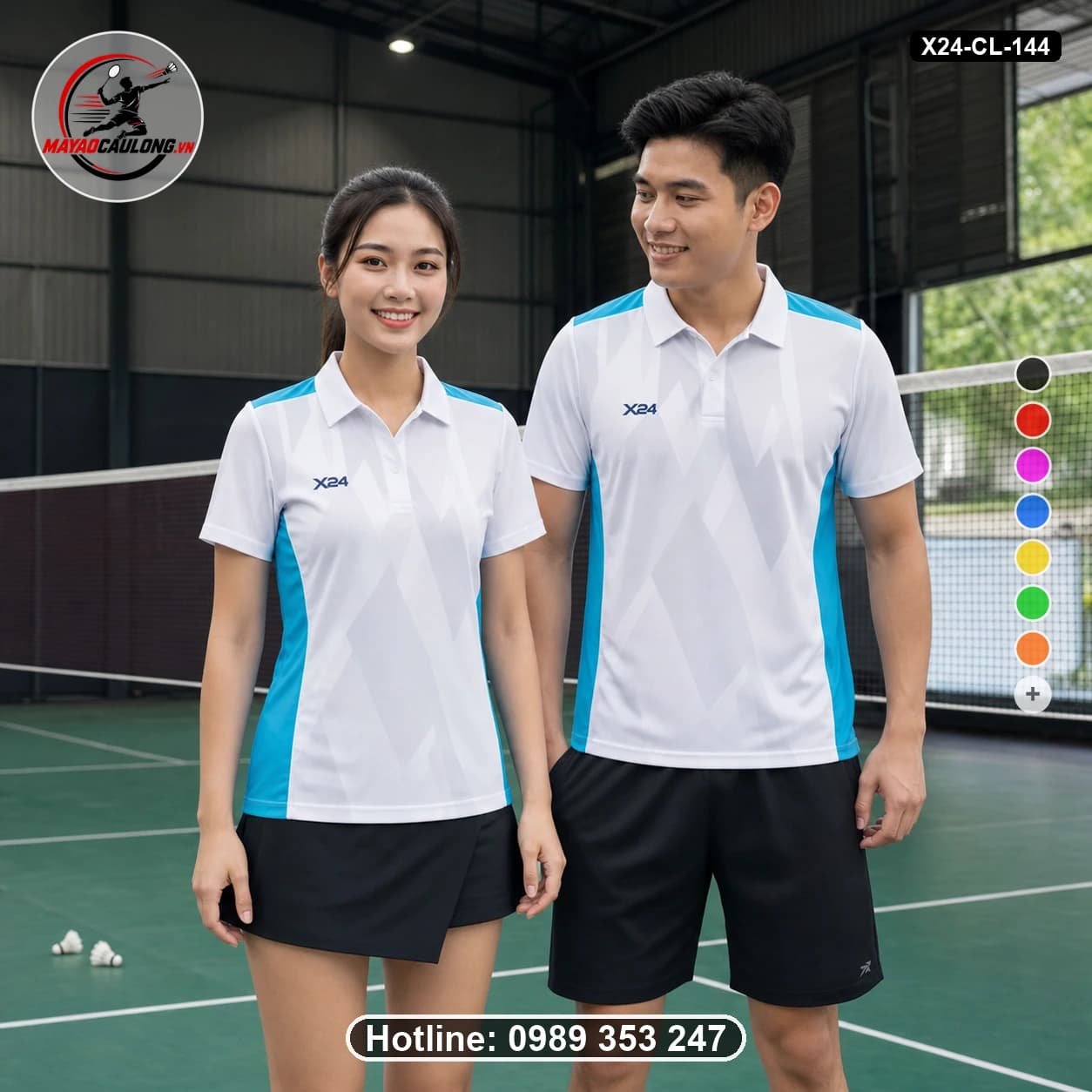 Áo cầu lông đặt may X24-CL-144 trắng, xanh cyan áo có cổ, tay ngắn - ảnh sản phẩm 1