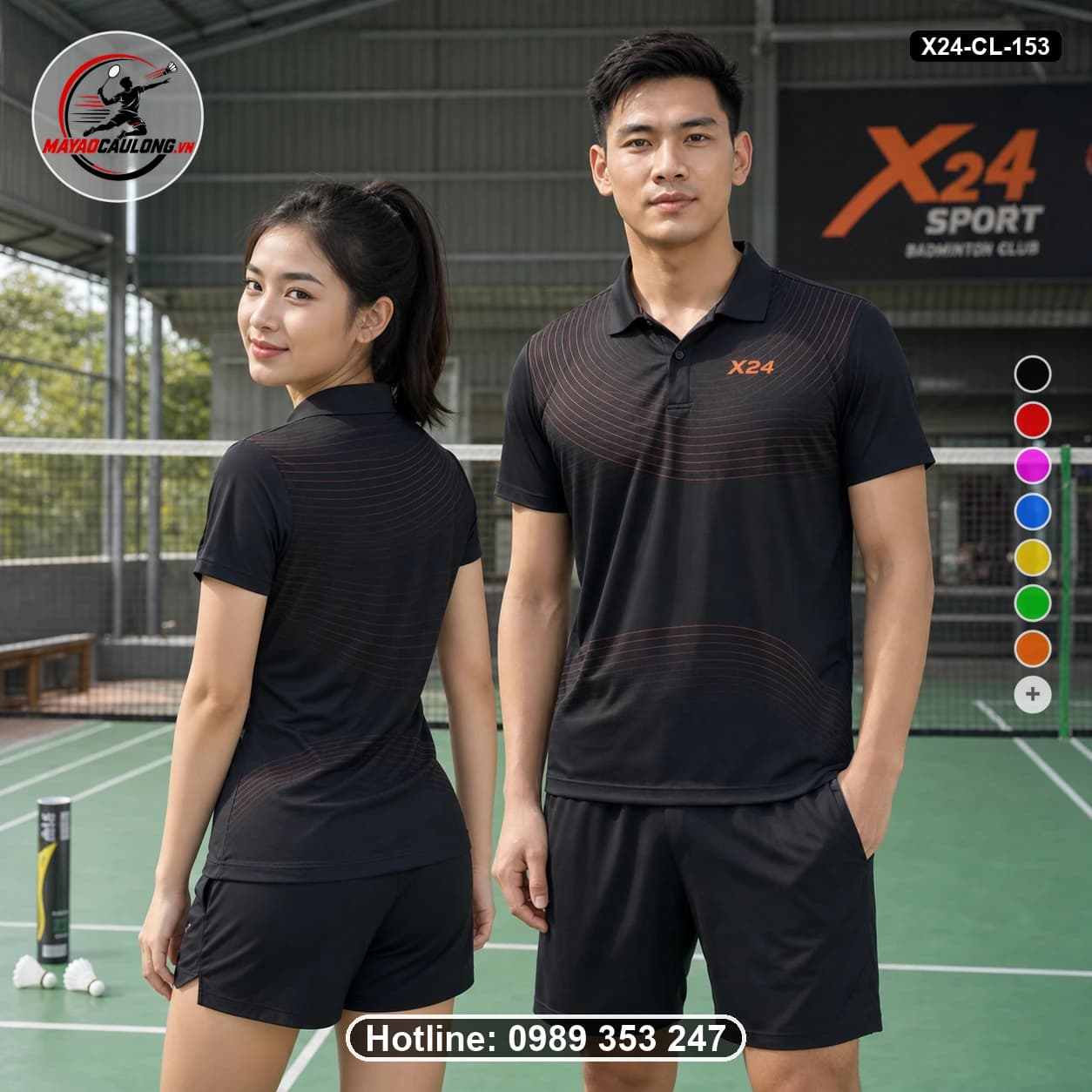 Áo cầu lông đặt may X24-CL-153 đen, nâu đồng áo có cổ, tay ngắn - ảnh sản phẩm 1