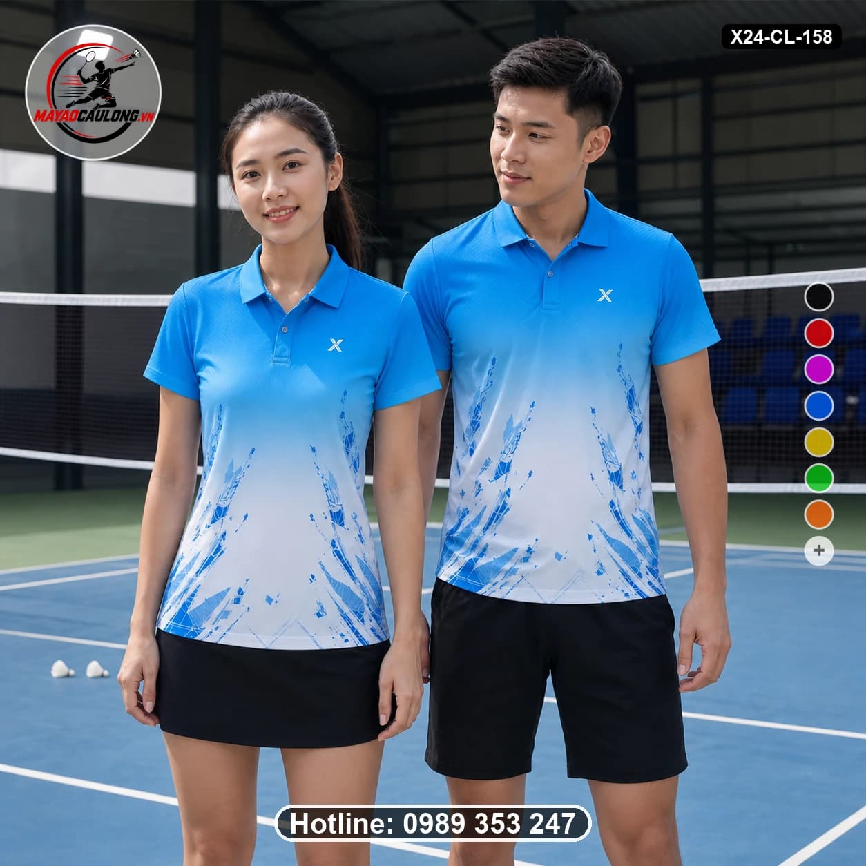 Áo cầu lông đặt may X24-CL-158 xanh cyan, xanh dương, trắng áo có cổ, tay ngắn - ảnh sản phẩm 1