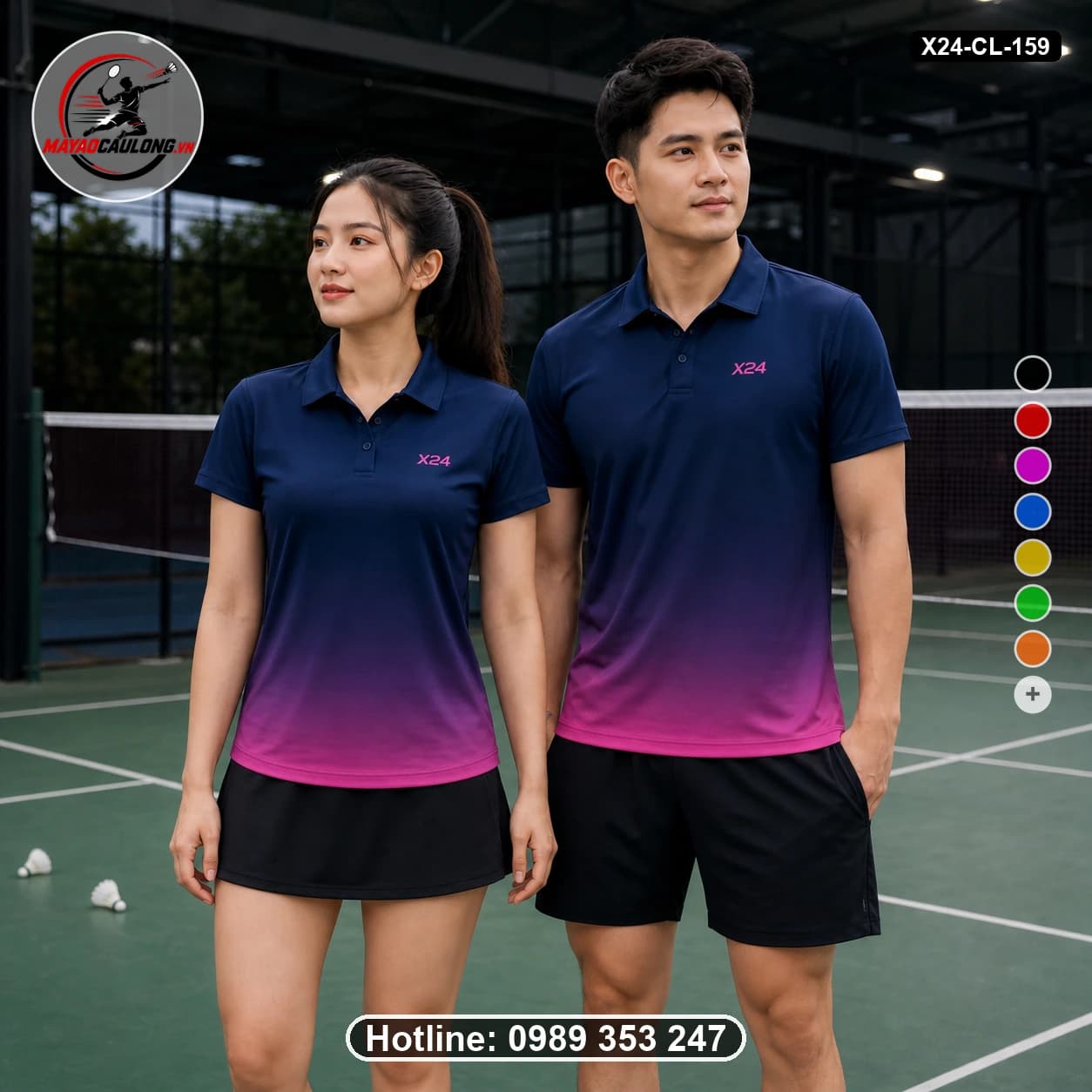 Áo cầu lông đặt may X24-CL-159 xanh navy, hồng magenta áo có cổ, tay ngắn - ảnh sản phẩm 1