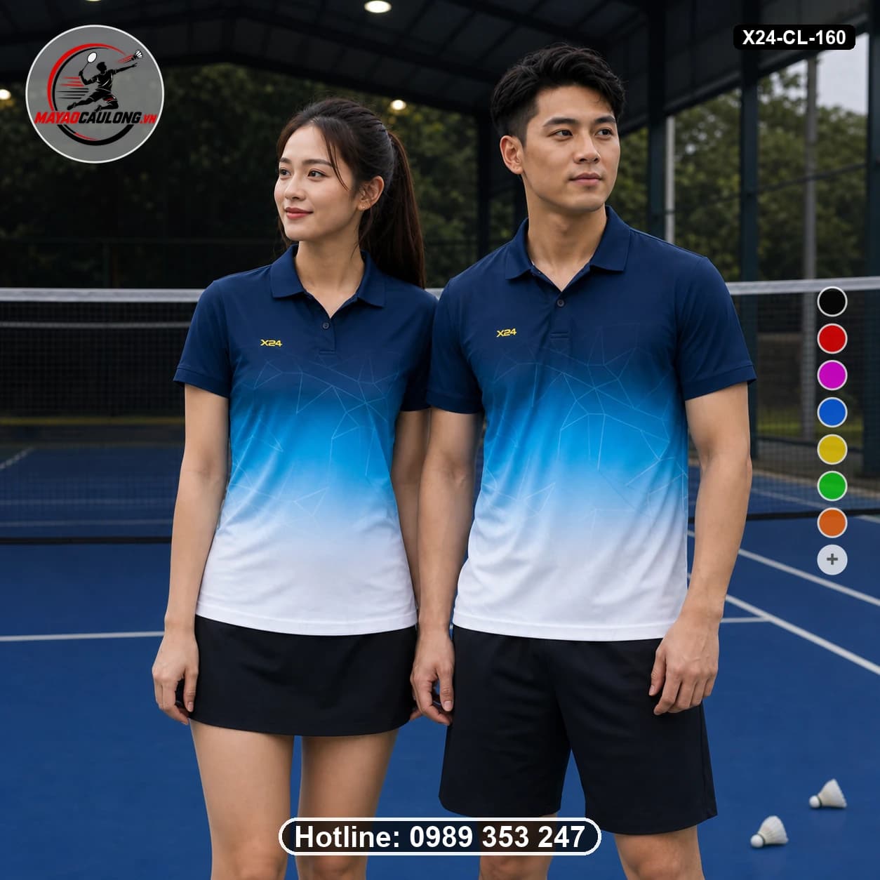 Áo cầu lông đặt may X24-CL-160 xanh navy, xanh cyan, trắng áo có cổ, tay ngắn - ảnh sản phẩm 1