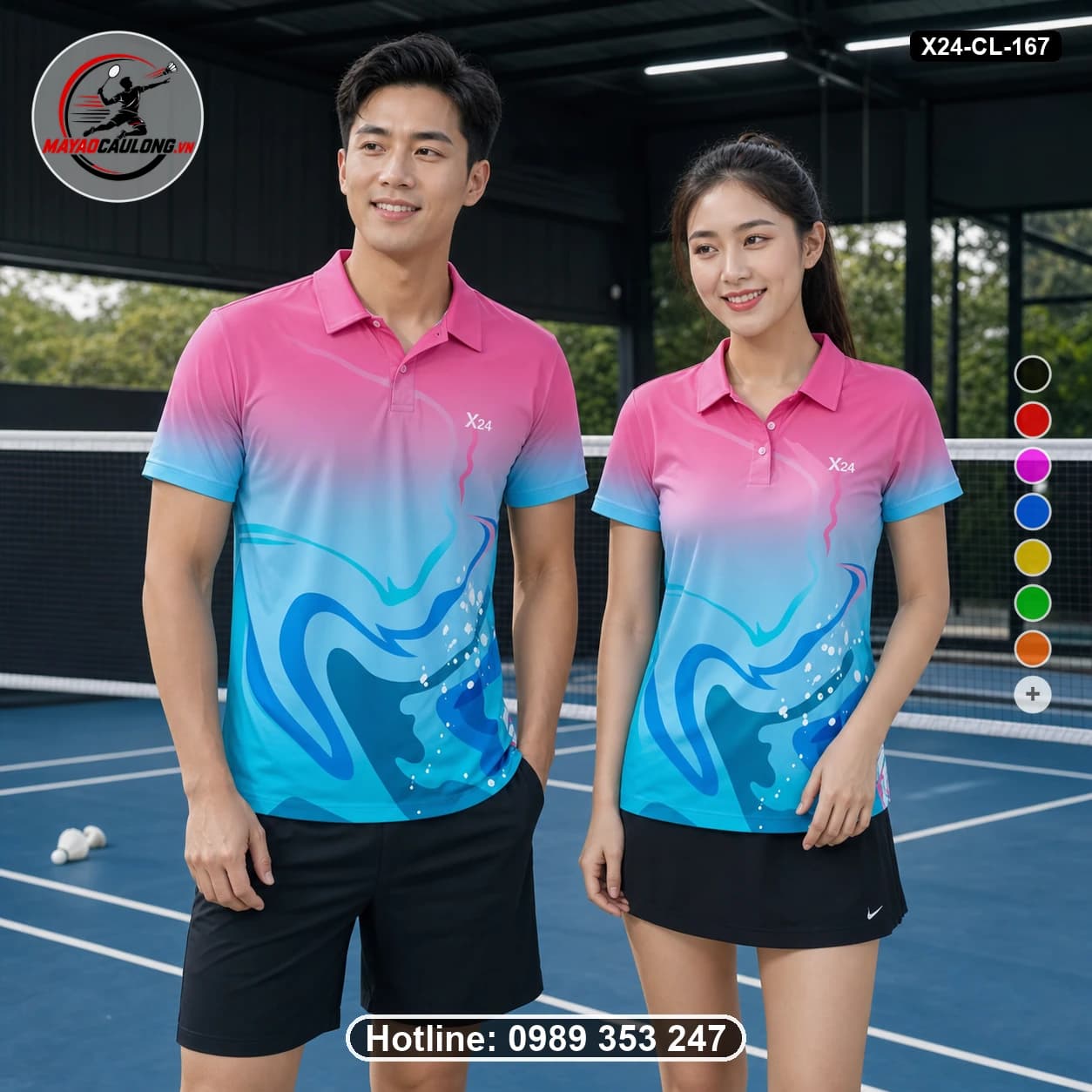 Áo cầu lông đặt may X24-CL-167 hồng magenta, xanh cyan, xanh cobalt, trắng áo có cổ, tay ngắn - ảnh sản phẩm 1