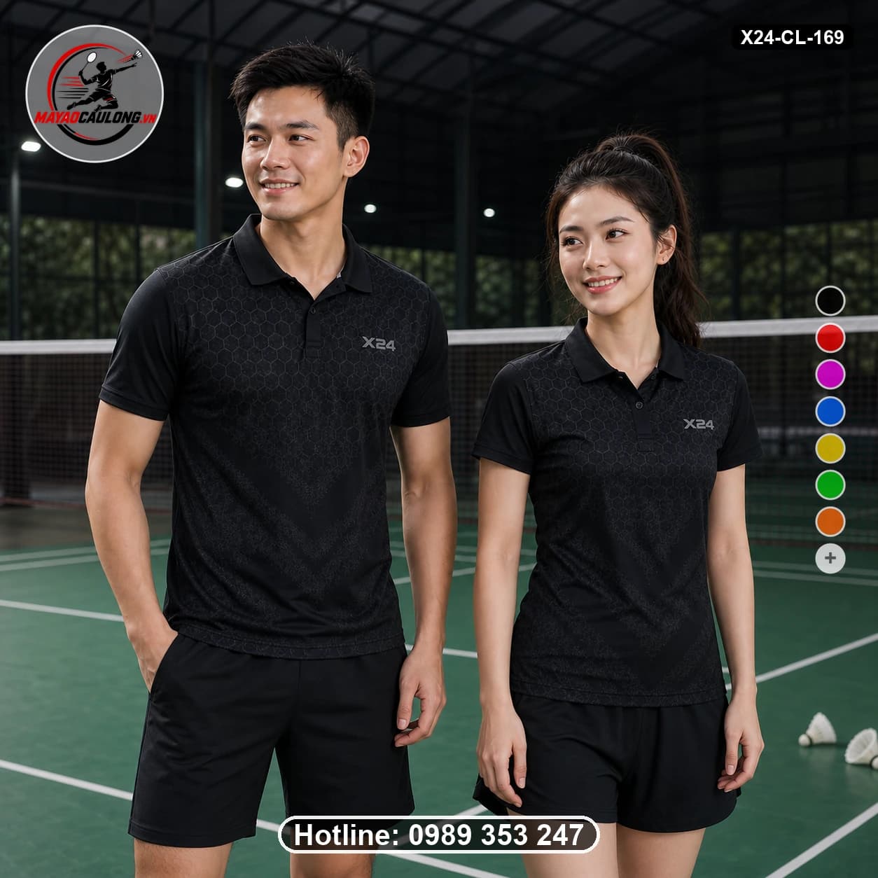 Áo cầu lông đặt may X24-CL-169 đen, xám than áo có cổ, tay ngắn - ảnh sản phẩm 1