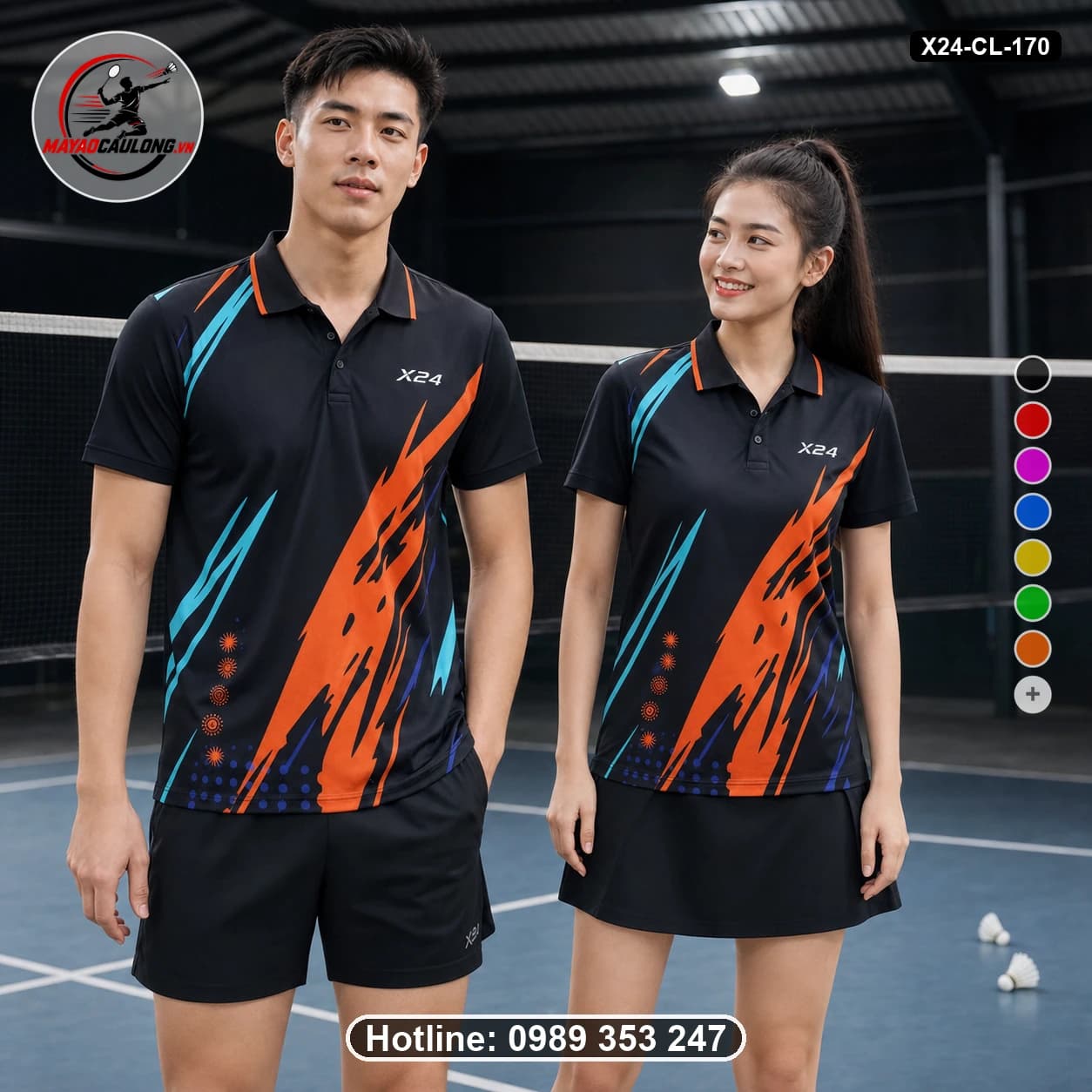 Áo cầu lông đặt may X24-CL-170 đen, xanh navy, xanh cyan, cam, xanh cobalt áo có cổ, tay ngắn - ảnh sản phẩm 1
