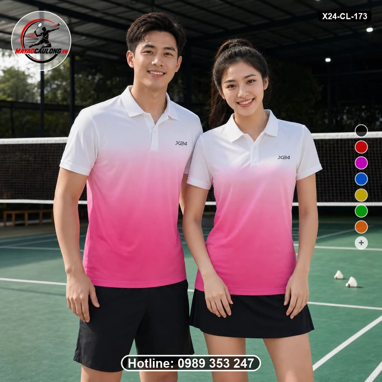 Áo cầu lông đặt may X24-CL-173 trắng, hồng, hồng magenta áo có cổ, tay ngắn - ảnh sản phẩm 1