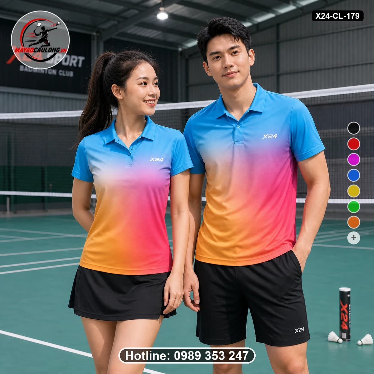 Áo cầu lông đặt may X24-CL-179 xanh cyan, hồng, cam áo có cổ, tay ngắn - ảnh sản phẩm 1