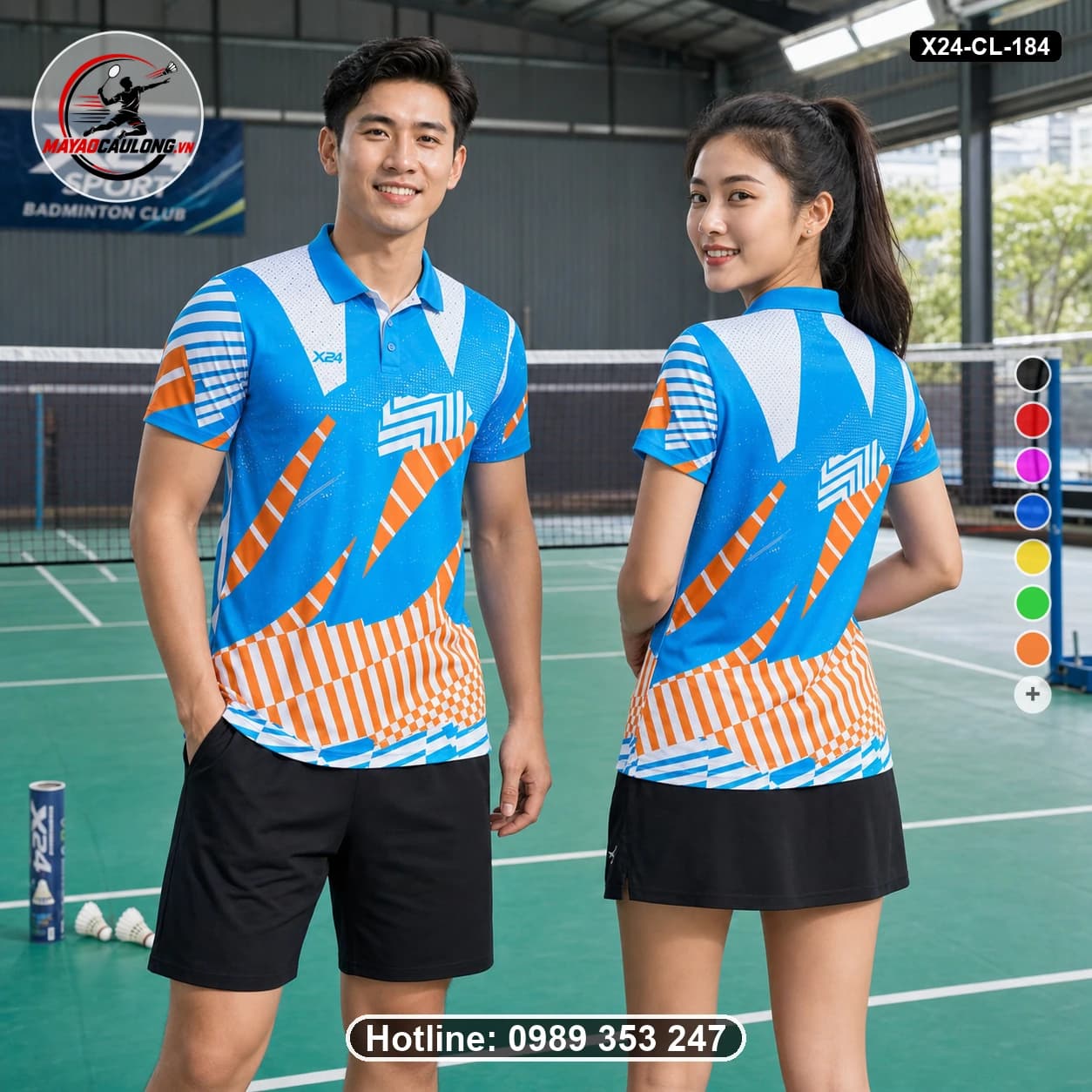 Áo cầu lông đặt may X24-CL-184 xanh cyan, cam, trắng áo có cổ, tay ngắn - ảnh sản phẩm 1