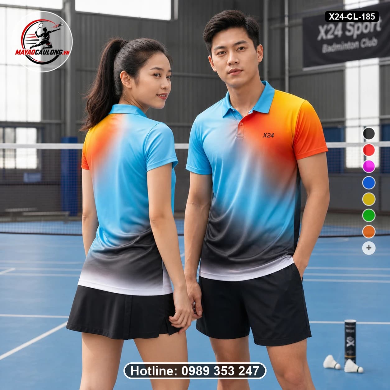 Áo cầu lông đặt may X24-CL-185 xanh cyan, cam, đen áo có cổ, tay ngắn - ảnh sản phẩm 1