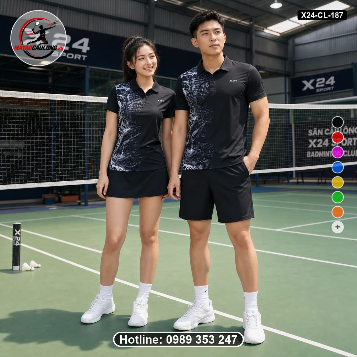 Áo cầu lông đặt may X24-CL-187 đen, xám than áo có cổ, tay ngắn - ảnh sản phẩm 1