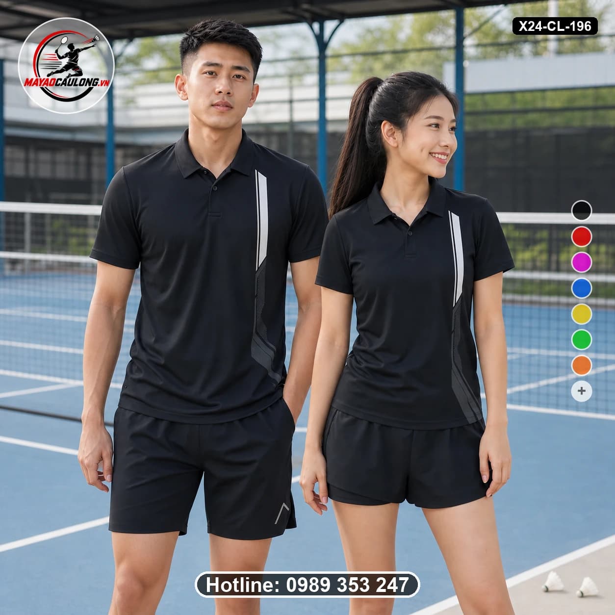 Áo cầu lông đặt may X24-CL-196 đen, xám than, trắng áo có cổ, tay ngắn - ảnh sản phẩm 1