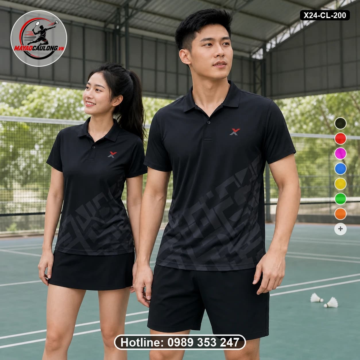 Áo cầu lông đặt may X24-CL-200 đen, xám than áo có cổ, tay ngắn - ảnh sản phẩm 1