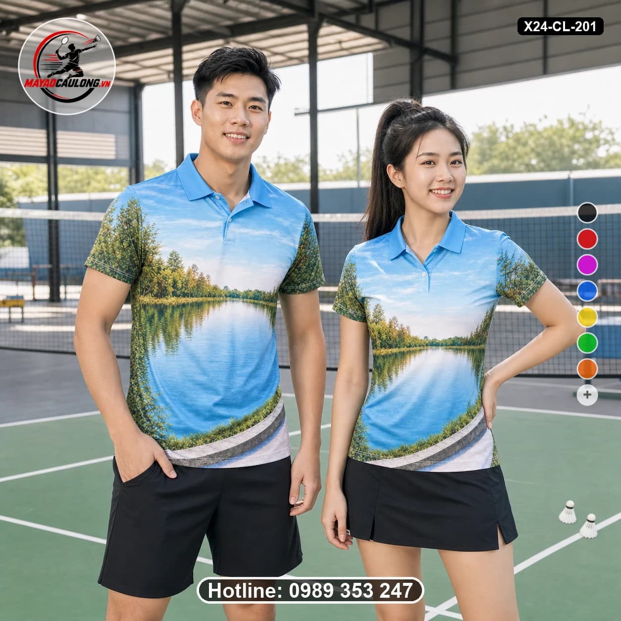 Áo cầu lông đặt may X24-CL-201 xanh da trời, xanh lá, trắng áo có cổ, tay ngắn - ảnh sản phẩm 1