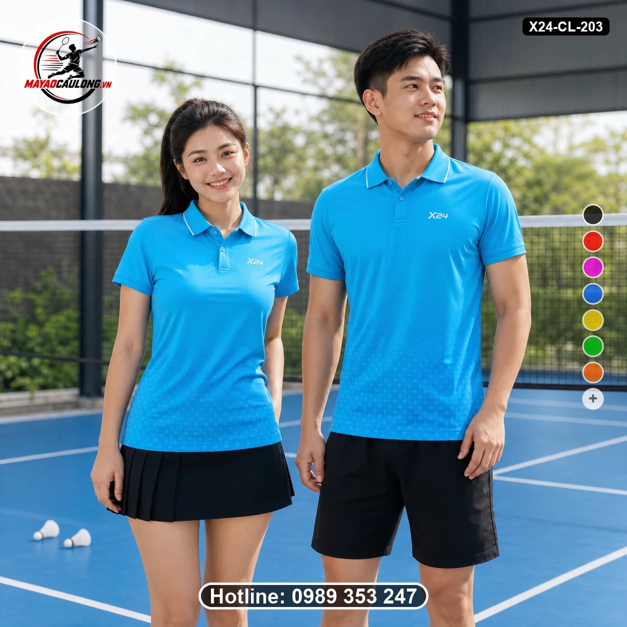 Áo cầu lông đặt may X24-CL-203 xanh cyan, xanh da trời áo có cổ, tay ngắn - ảnh sản phẩm 1