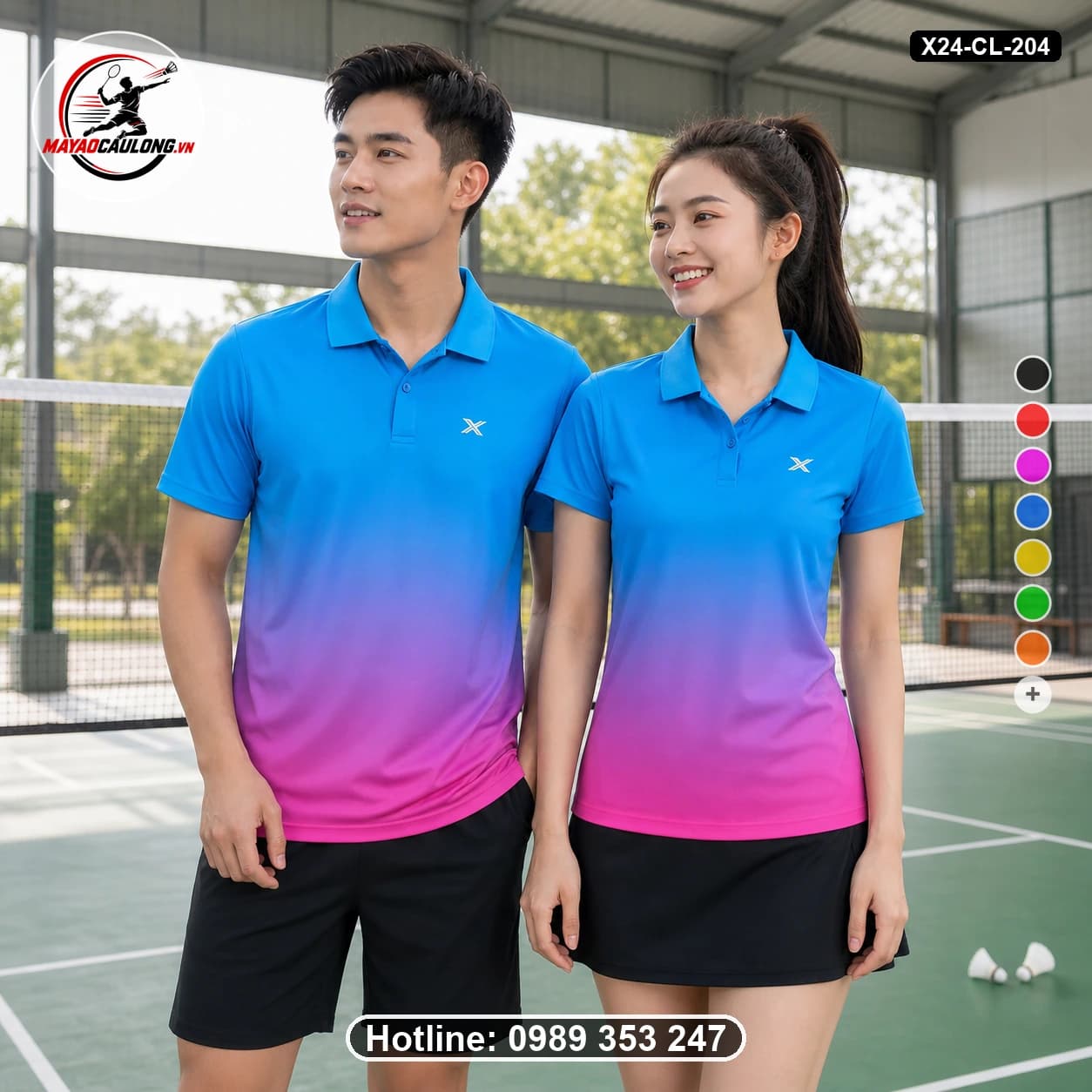 Áo cầu lông đặt may X24-CL-204 xanh cyan, hồng, tím áo có cổ, tay ngắn - ảnh sản phẩm 1