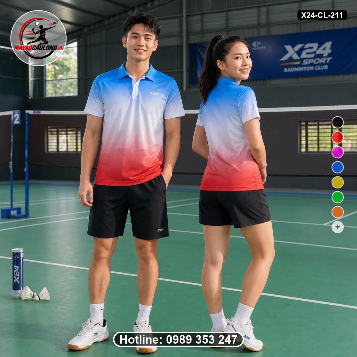 Áo cầu lông đặt may X24-CL-211 xanh dương, trắng, đỏ áo có cổ, tay ngắn - ảnh sản phẩm 1