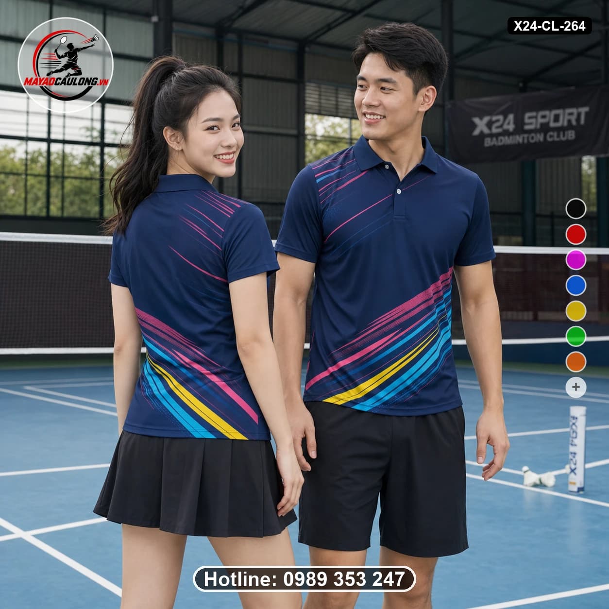Áo cầu lông đặt may X24-CL-264 xanh navy, hồng, xanh cyan, vàng áo có cổ, tay ngắn - ảnh sản phẩm 1