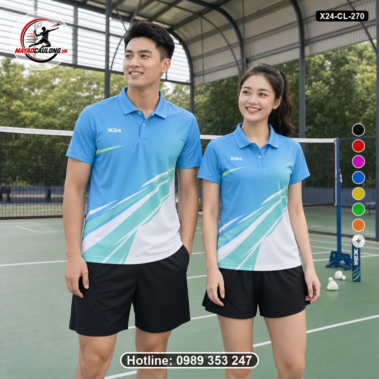 Áo cầu lông đặt may X24-CL-270 xanh dương, xanh ngọc, trắng áo có cổ, tay ngắn - ảnh sản phẩm 1