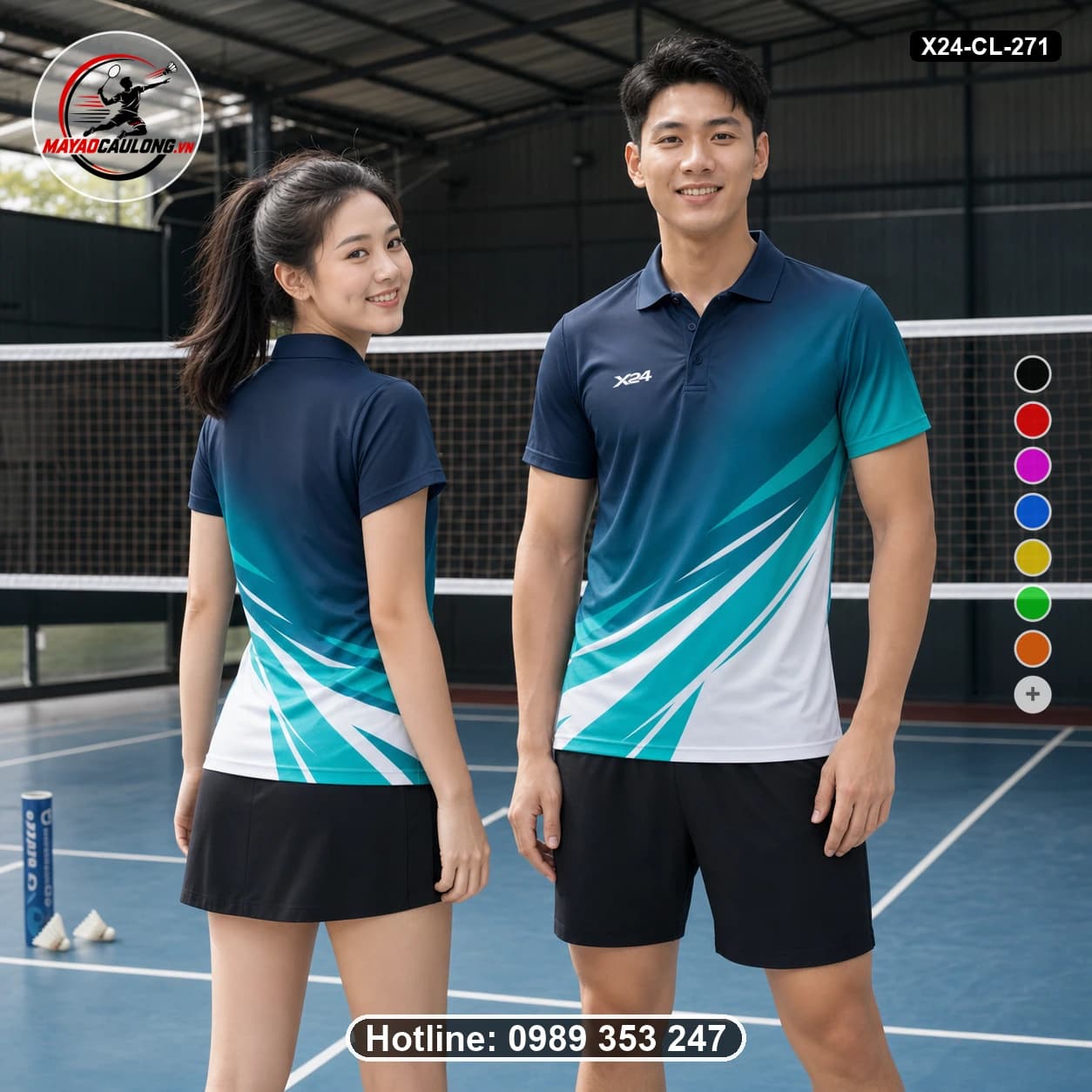 Áo cầu lông đặt may X24-CL-271 xanh navy, xanh ngọc, trắng áo có cổ, tay ngắn - ảnh sản phẩm 1