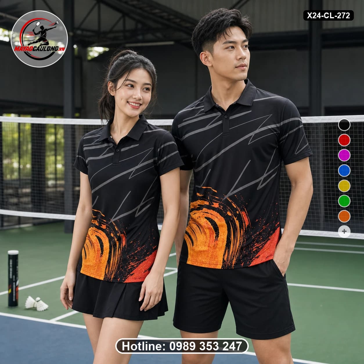 Áo cầu lông đặt may X24-CL-272 đen, cam, đỏ áo có cổ, tay ngắn - ảnh sản phẩm 1