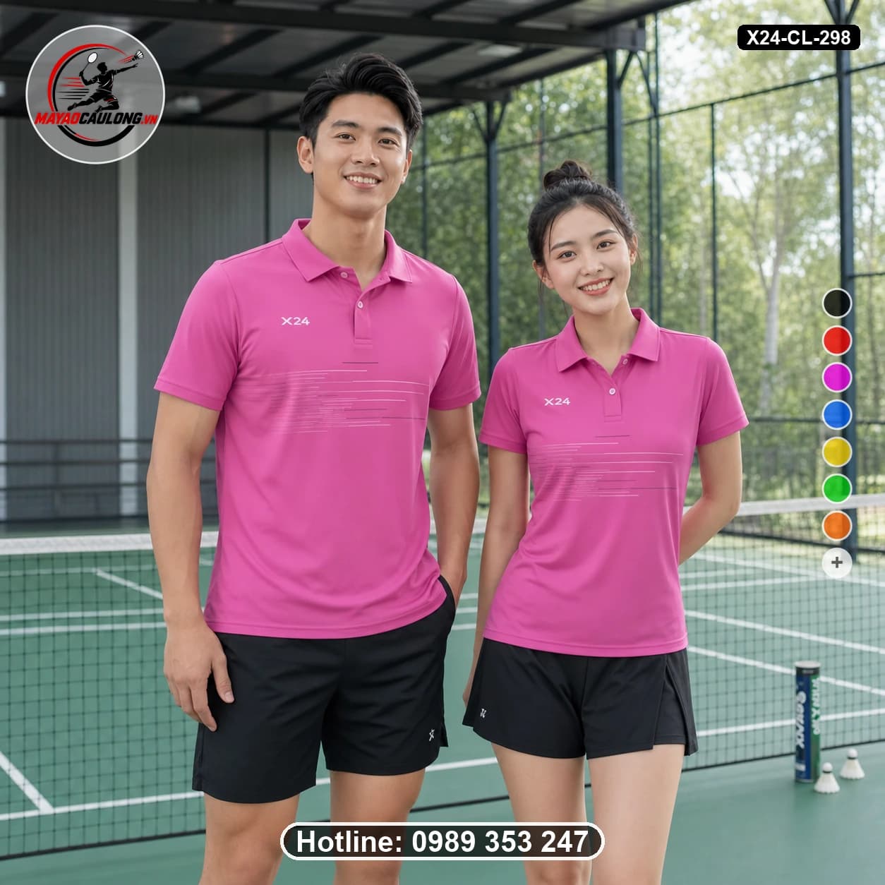 Áo cầu lông đặt may X24-CL-298 hồng đậm, trắng áo có cổ, tay ngắn - ảnh sản phẩm 1