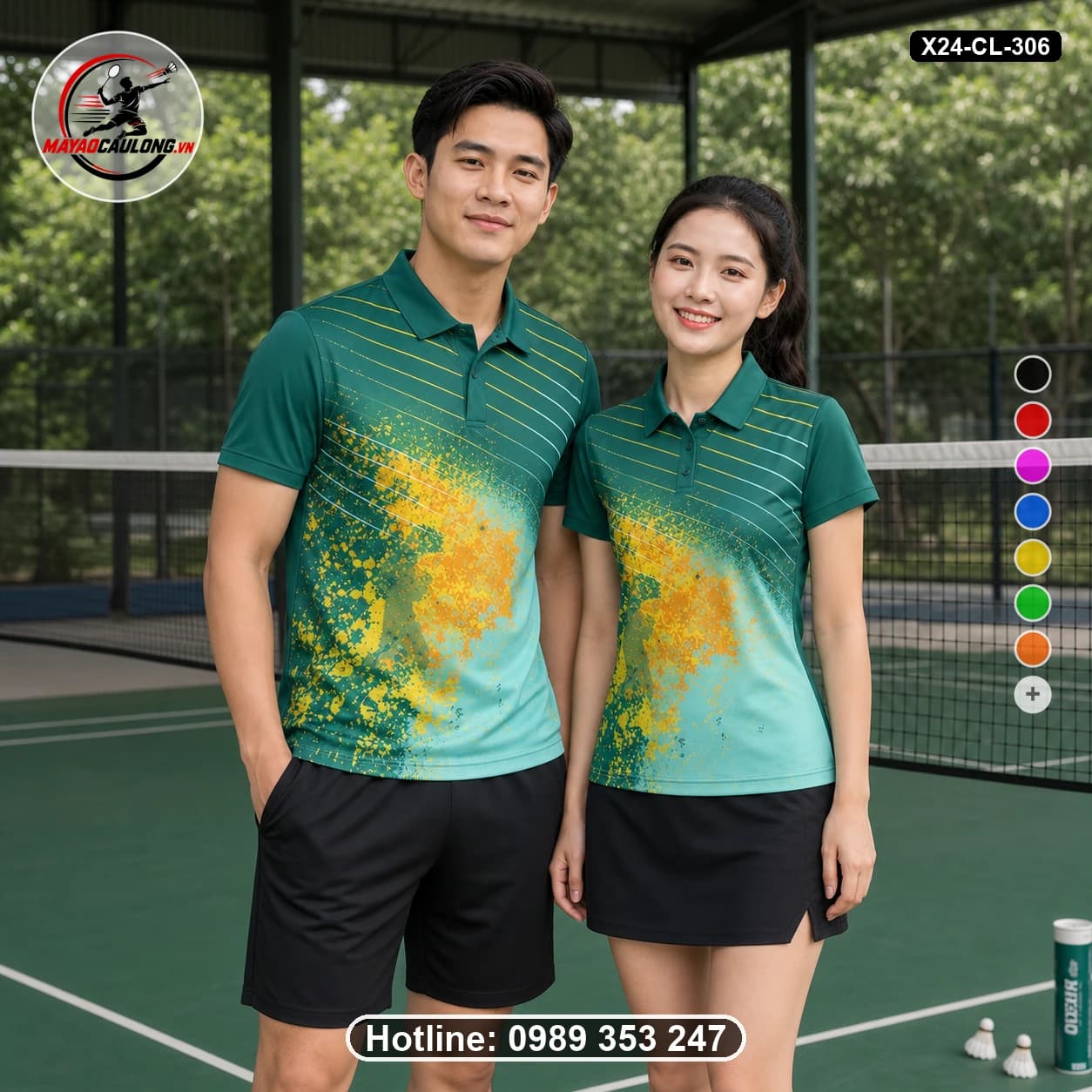 Áo cầu lông đặt may X24-CL-306 xanh teal, xanh ngọc, vàng, cam áo có cổ, tay ngắn - ảnh sản phẩm 1