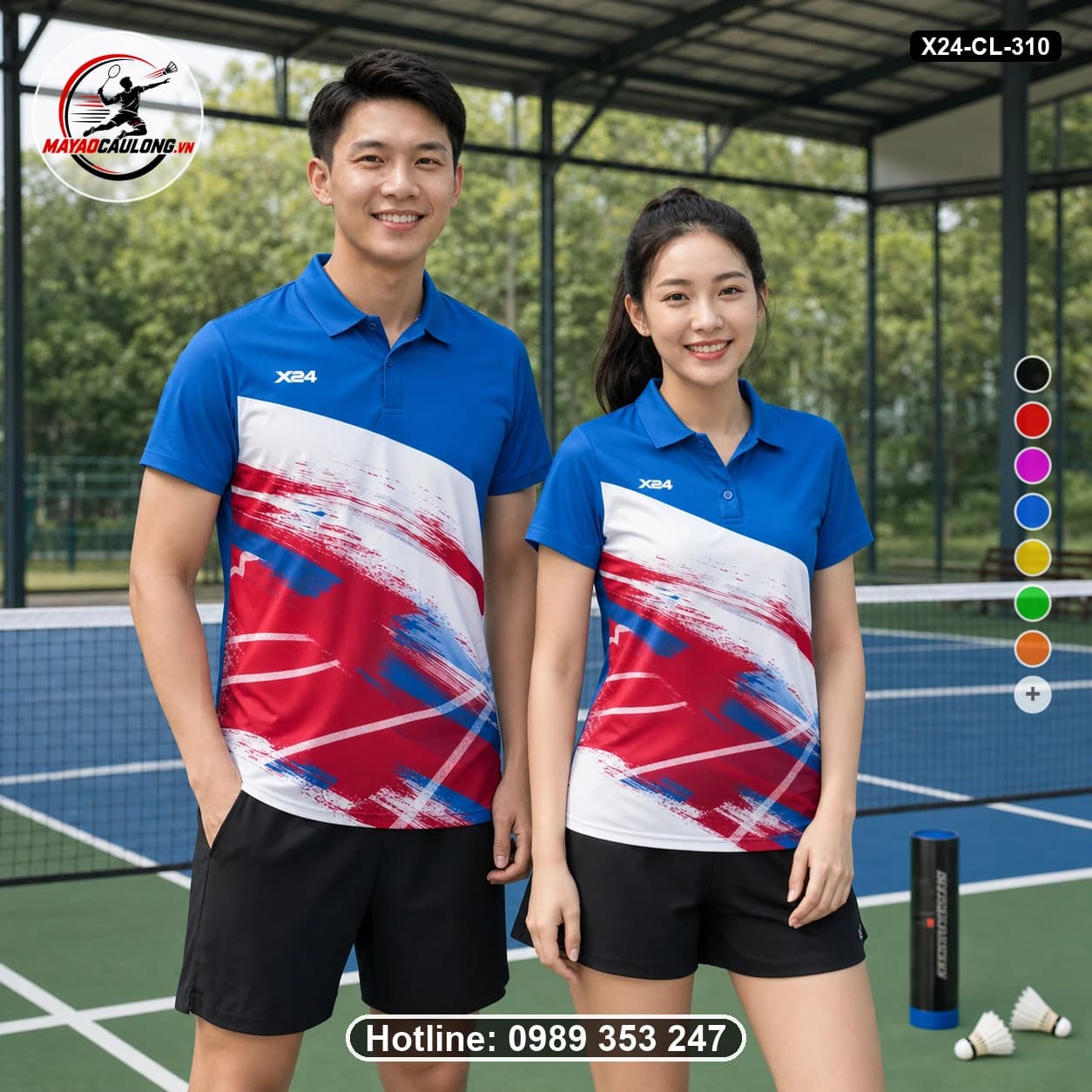 Áo cầu lông đặt may X24-CL-310 xanh dương, trắng, đỏ áo có cổ, tay ngắn - ảnh sản phẩm 1