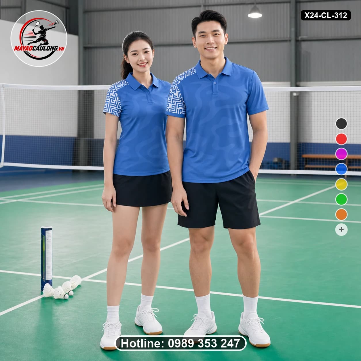 Áo cầu lông đặt may X24-CL-312 xanh dương, trắng, đen áo có cổ, tay ngắn - ảnh sản phẩm 1