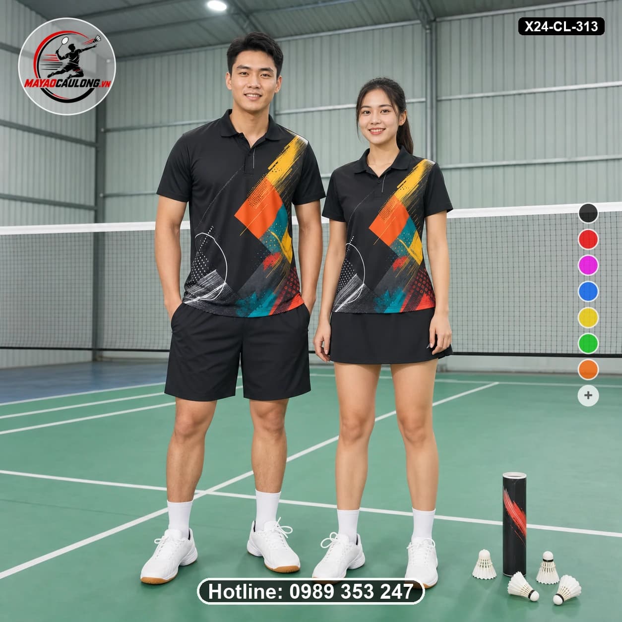 Áo cầu lông đặt may X24-CL-313 đen, vàng, cam, xanh teal, trắng, đỏ áo có cổ, tay ngắn - ảnh sản phẩm 1