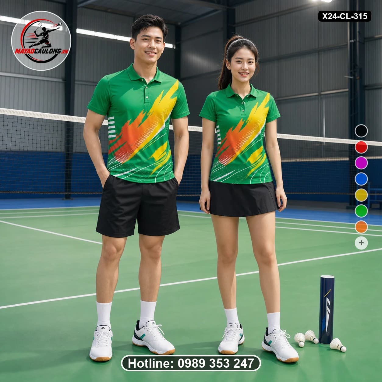 Áo cầu lông đặt may X24-CL-315 xanh lá, vàng, cam, trắng, đen áo có cổ, tay ngắn - ảnh sản phẩm 1