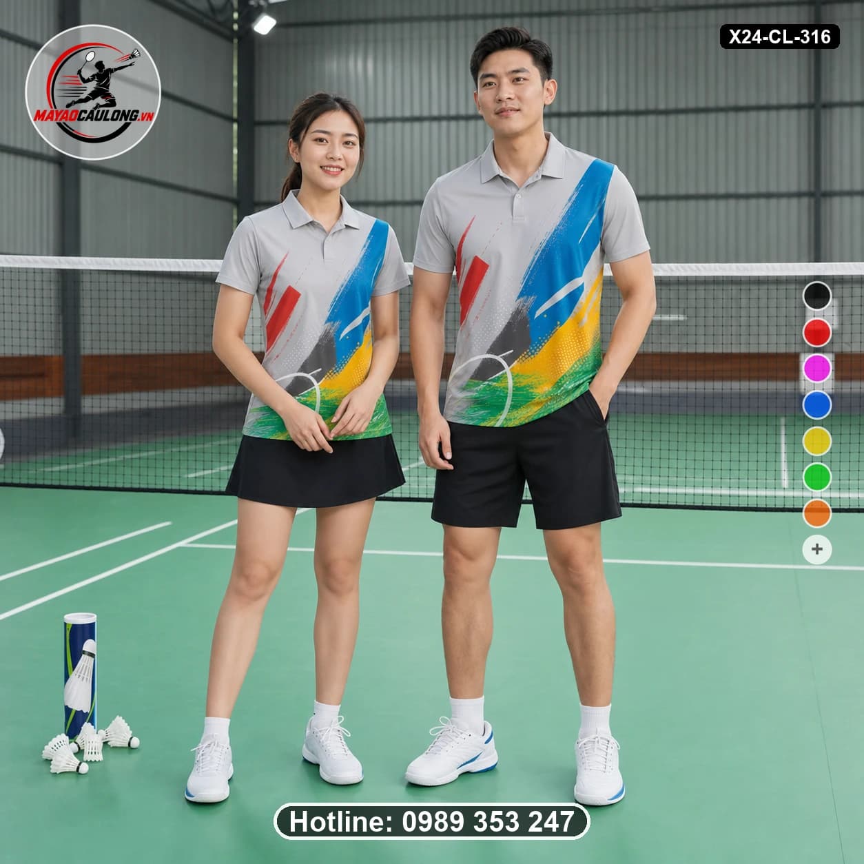 Áo cầu lông đặt may X24-CL-316 xám, xanh dương, vàng, xanh lá, đỏ, trắng, đen áo có cổ, tay ngắn - ảnh sản phẩm 1