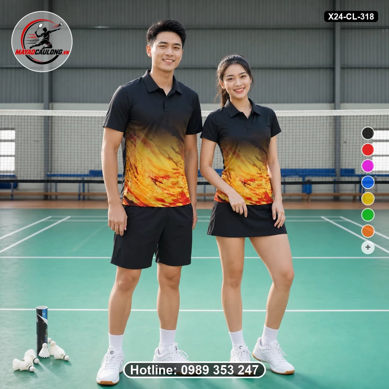Áo cầu lông đặt may X24-CL-318 đen, vàng, cam, đỏ áo có cổ, tay ngắn - ảnh sản phẩm 1