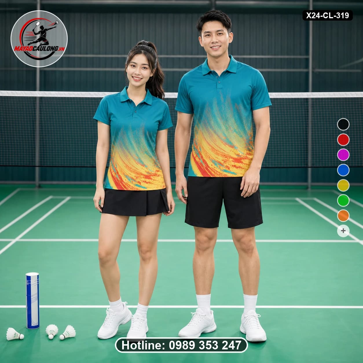 Áo cầu lông đặt may X24-CL-319 xanh teal, vàng, cam, đỏ, đen áo có cổ, tay ngắn - ảnh sản phẩm 1