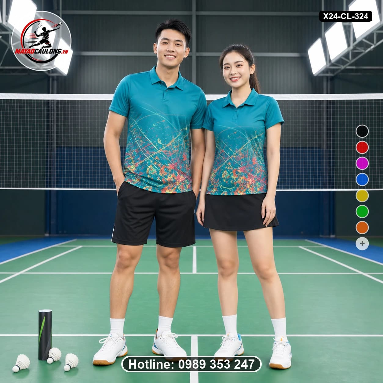 Áo cầu lông đặt may X24-CL-324 xanh ngọc, xanh teal, cam, hồng, vàng, đen áo có cổ, tay ngắn - ảnh sản phẩm 1