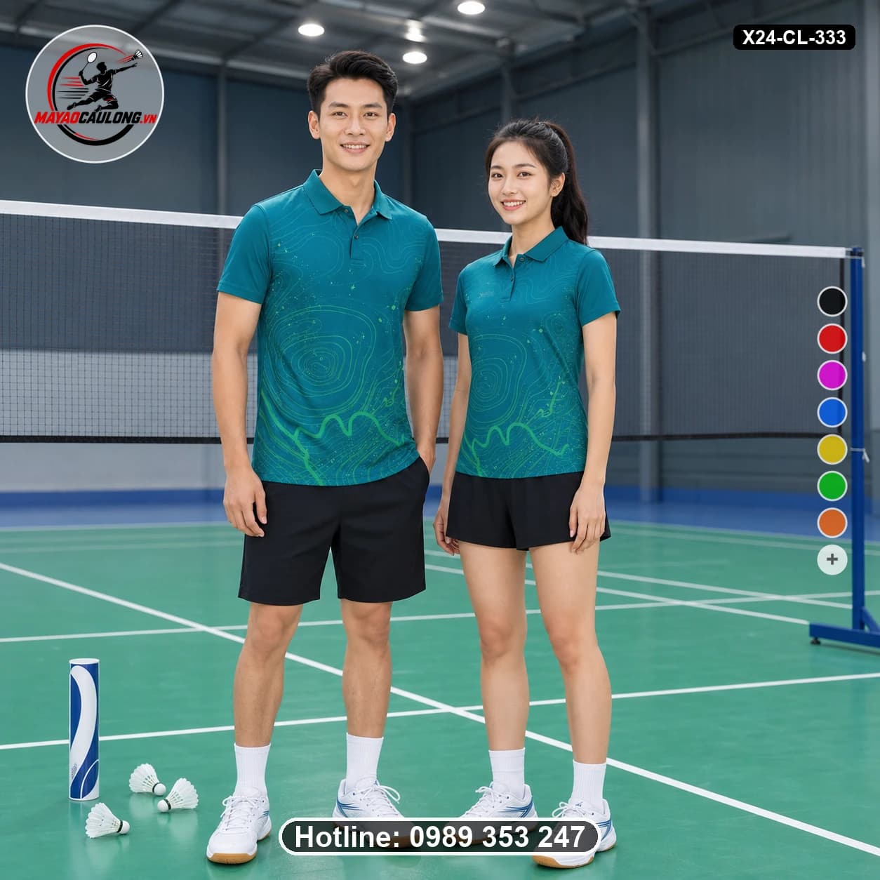 Áo cầu lông đặt may X24-CL-333 xanh teal, xanh lá, đen áo có cổ, tay ngắn - ảnh sản phẩm 1