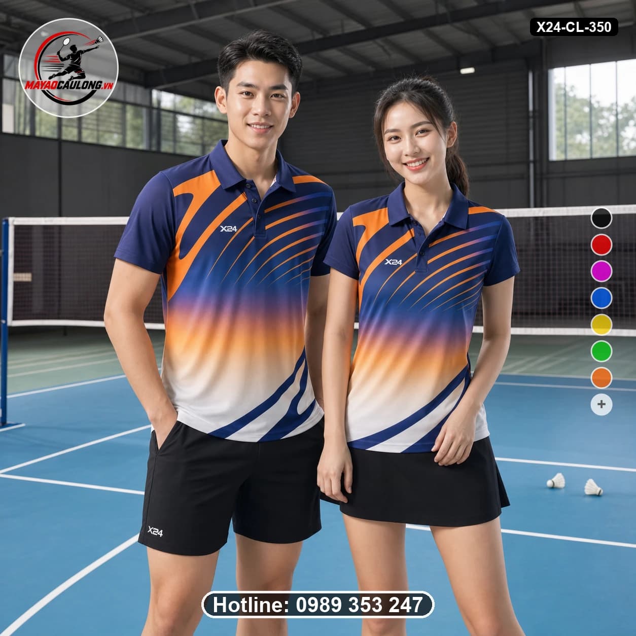 Áo cầu lông đặt may X24-CL-350 xanh navy, cam, trắng áo có cổ, tay ngắn - ảnh sản phẩm 1
