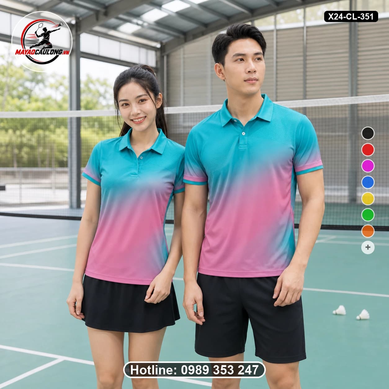 Áo cầu lông đặt may X24-CL-351 xanh cyan, hồng áo có cổ, tay ngắn - ảnh sản phẩm 1