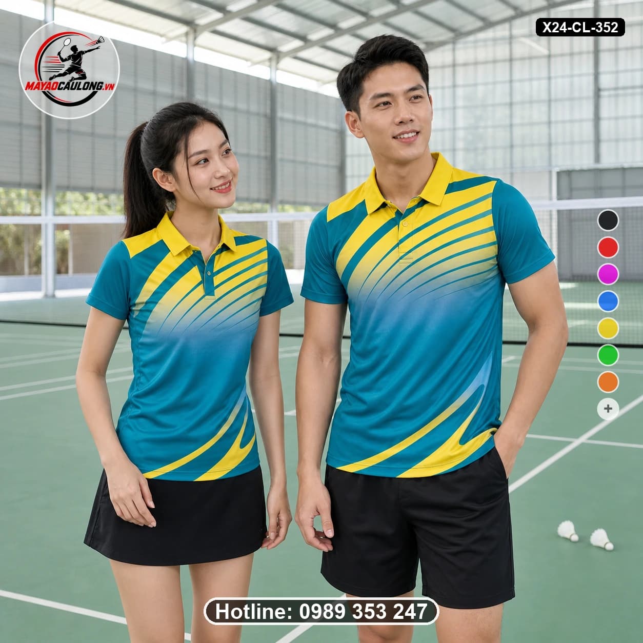 Áo cầu lông đặt may X24-CL-352 xanh teal, vàng, trắng áo có cổ, tay ngắn - ảnh sản phẩm 1