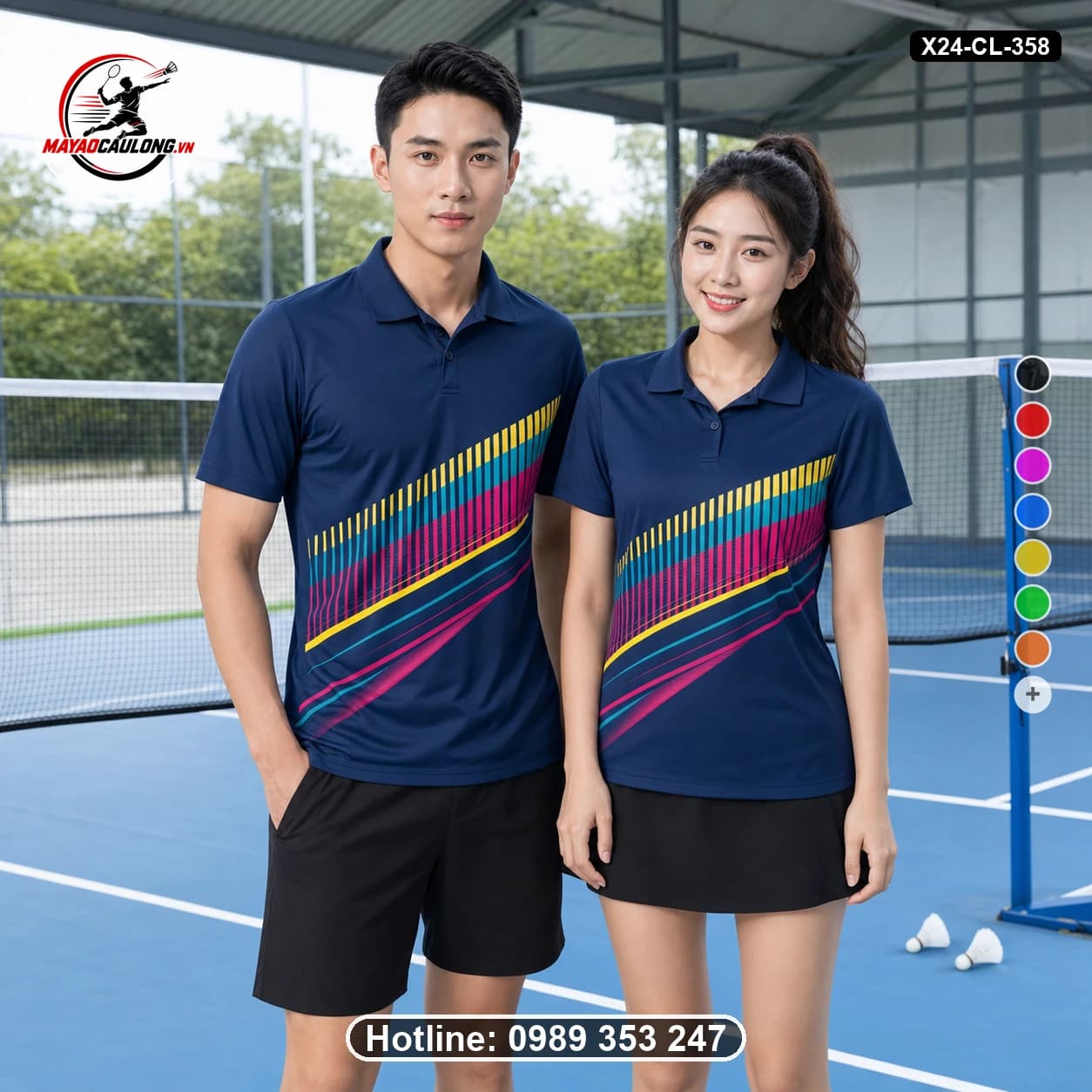 Áo cầu lông đặt may X24-CL-358 xanh navy, hồng, xanh cyan, vàng áo có cổ, tay ngắn - ảnh sản phẩm 1