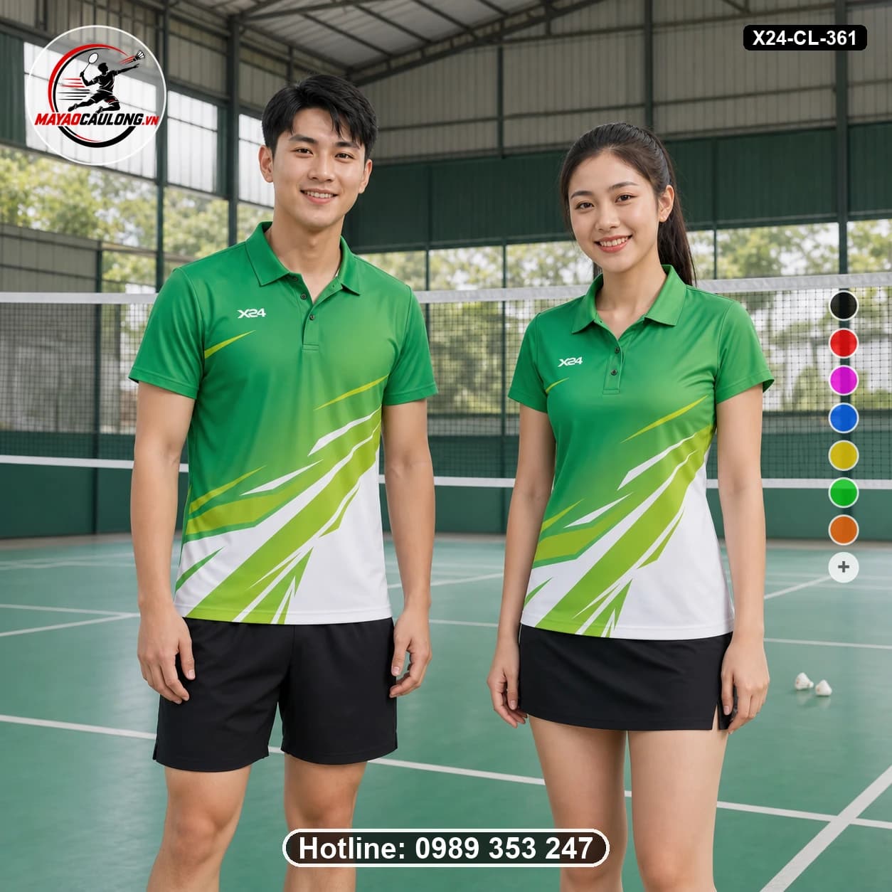 Áo cầu lông đặt may X24-CL-361 xanh lá, xanh lime, trắng áo có cổ, tay ngắn - ảnh sản phẩm 1