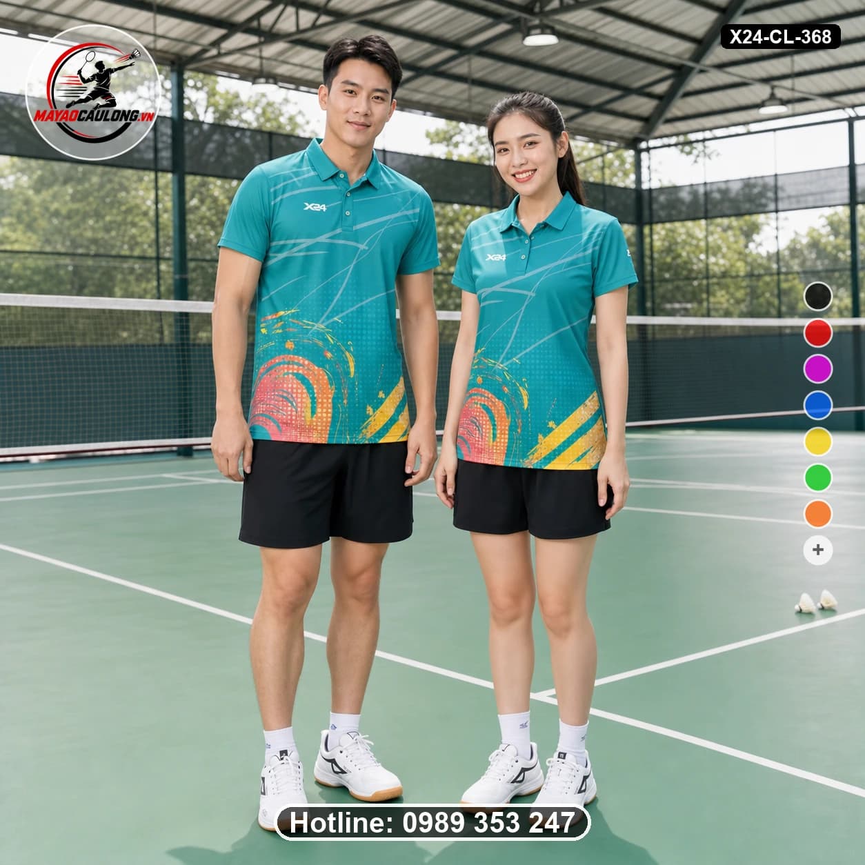 Áo cầu lông đặt may X24-CL-368 xanh teal, cam, vàng áo có cổ, tay ngắn - ảnh sản phẩm 1